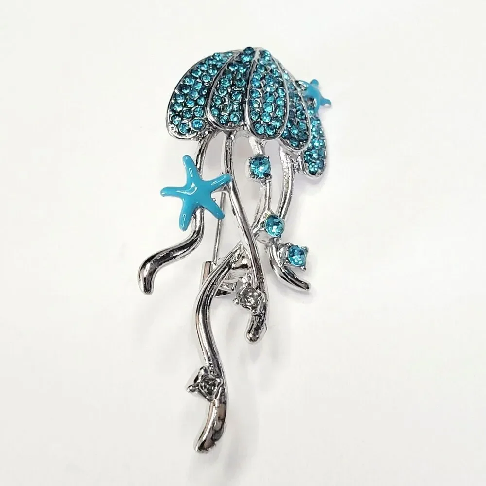 NWT Jellyfish Brooch Aqua Blue Silver Color With Starfish And Rhinestones - S